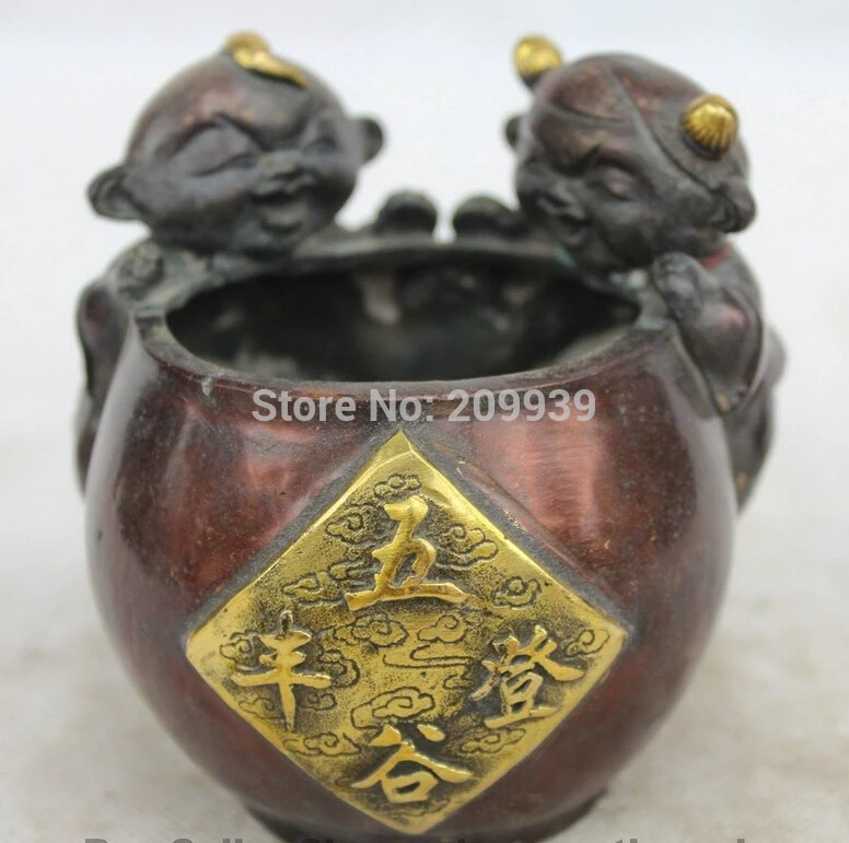 

huij 005495 Chinese Buddhism Purple Bronze Gold Boy And Girl Luck Incenser Burner Censer statue