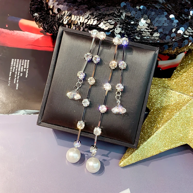 

S925 silver needle long pearl zircon pendant earrings Korean temperament fashion jewel earrings exaggerated earrings