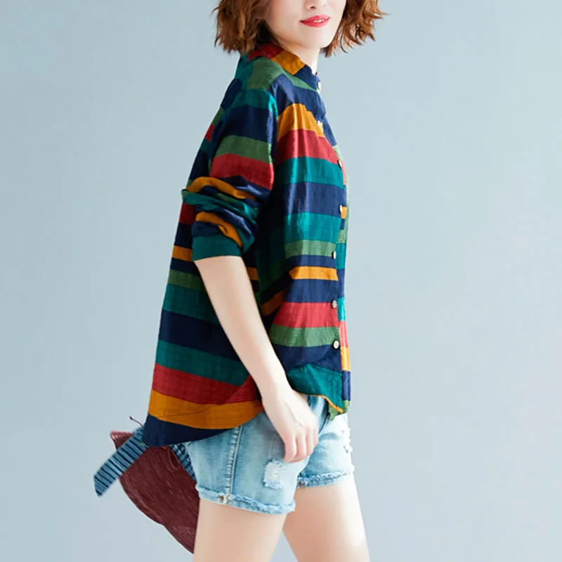 المرأة متعدد الألوان مخطط قميص عارضة طويلة الأكمام زر بلوزة زائد حجم عارضة النساء الربيع الصيف أنيقة قطنية عالية الجودة