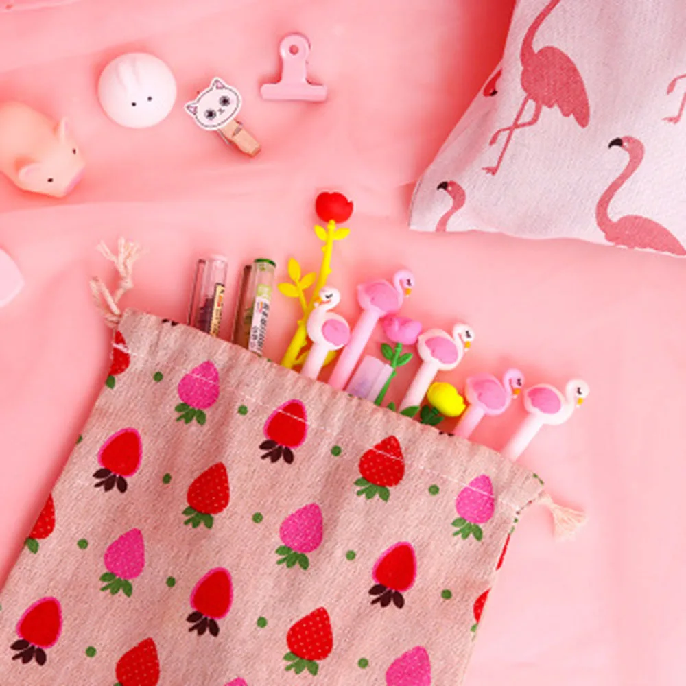 Saco de armazenamento de algodão de morango flamingo saco de cordão pequena moeda bolsa de viagem feminino pequeno saco de pano presente de natal bolsa