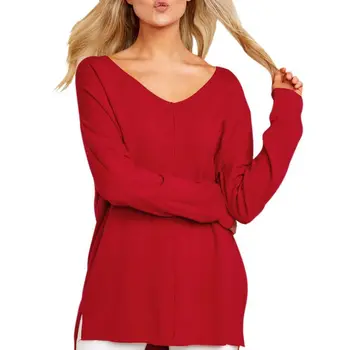 

Autumn Winter Sweater Women Sexy V Neck Pullover Knitted Sweater Loose Long Sleeves Women Casual Red Pullover Hem Split