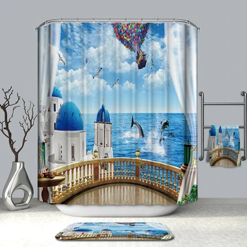 

3d Sea View Pattern Shower Curtains Dolphin Playing in the Water Scenic Pattern Thicken Waterproof Bath Curtain for Bathroom
