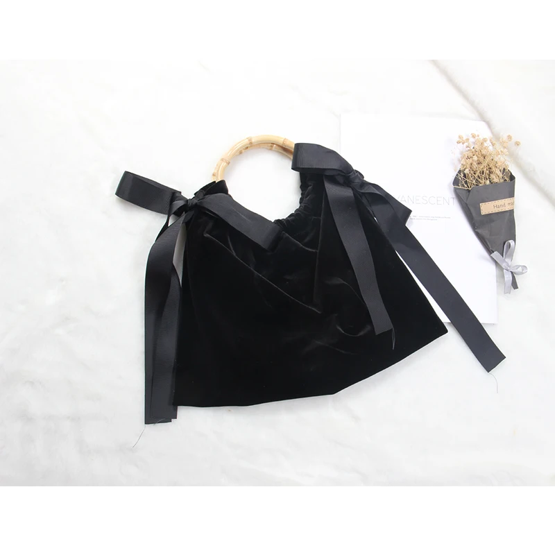 Женские сумки, сумка из шелковой ленты, бархатная сумка-тоут, Сумка с бамбуковыми ручками, металлическая Роскошная Высококачественная винтажная сумка, черный кошелек