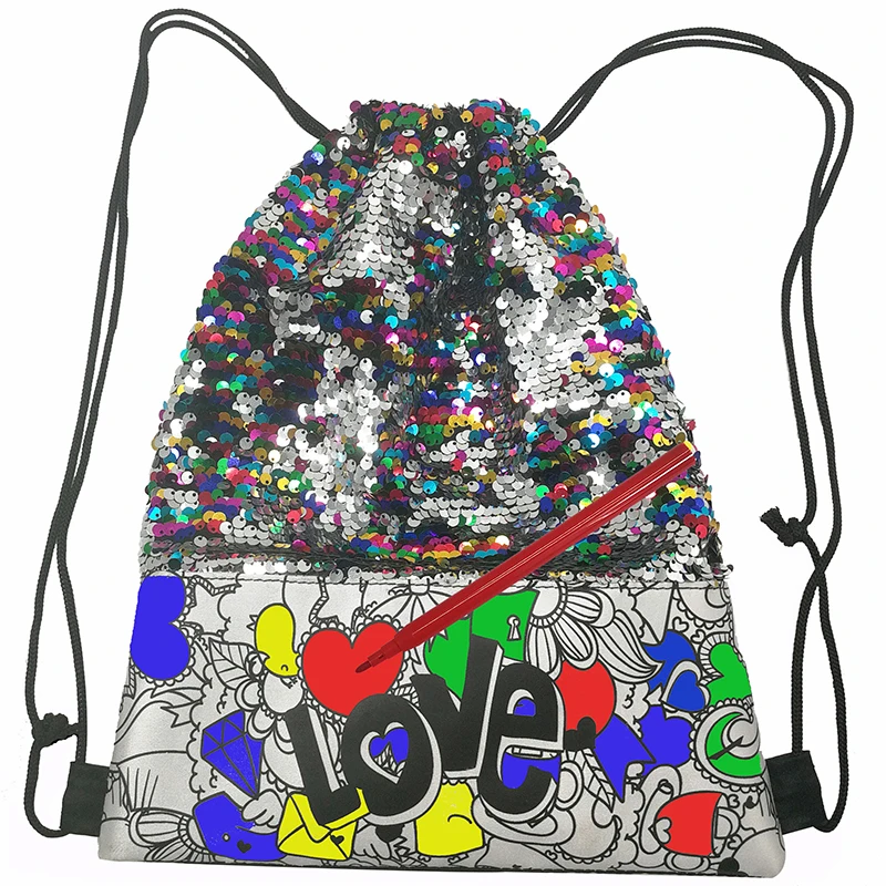 Cor seu próprio estilo-glitter drawstring bag 5 marcadores brilhantes incluídos, multicolorido crianças sequin drawstring mochila sereia se