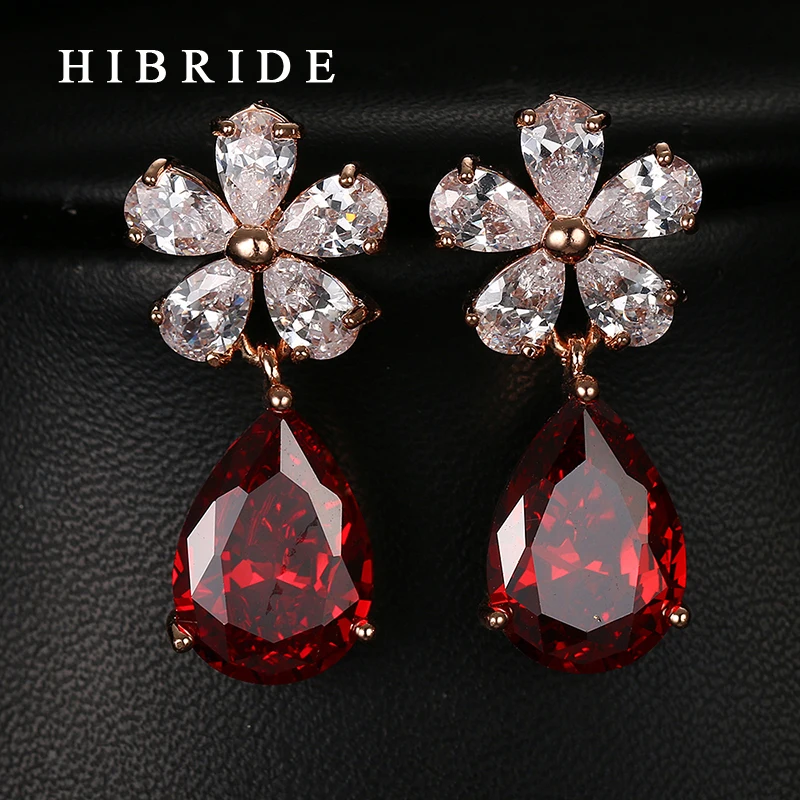 

HIBRIDE Jewelry Red AAA Cubic Zircon Dangle Earrings ,Rose Gold Color Women Wedding Party Earrings E-54