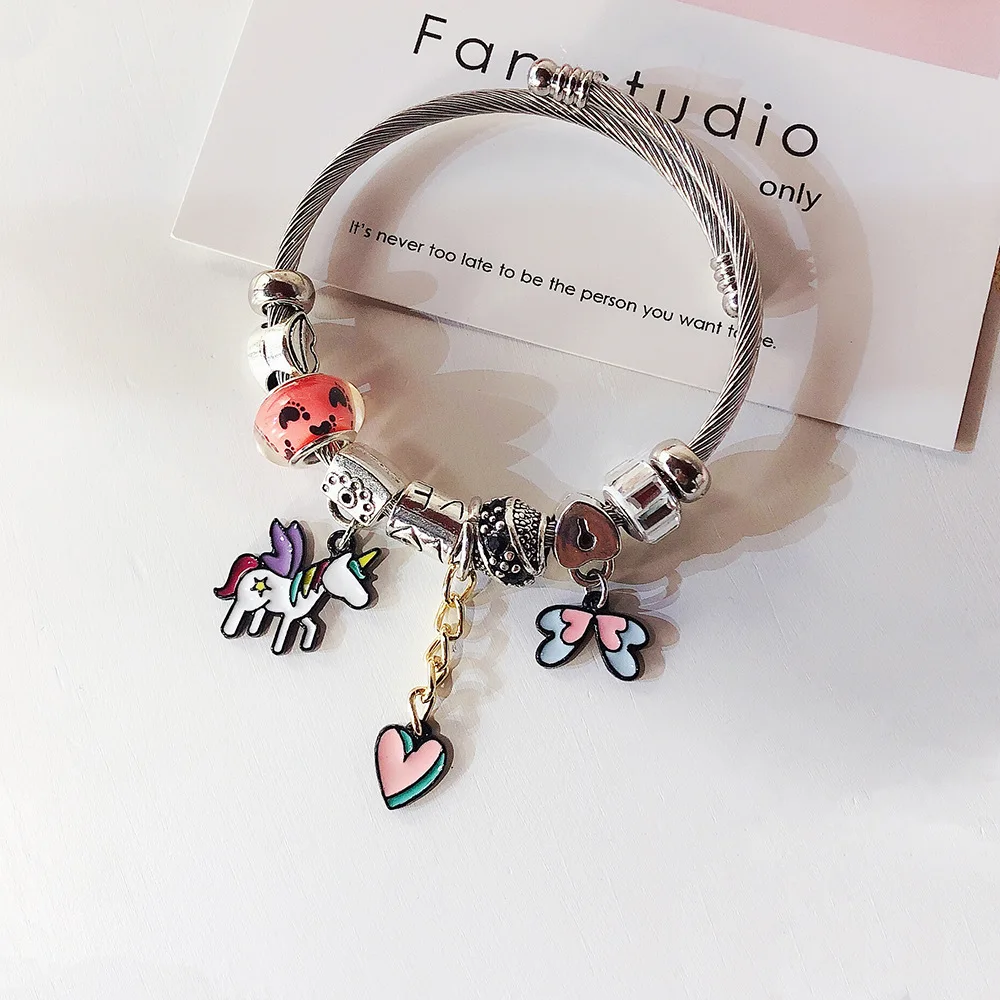 

Bohemian Unicorn Pony Butterfly Charm Stainless Steel Bracelets & Bangles for Women Beads Handmade Bracelet Boho Jewelry B72
