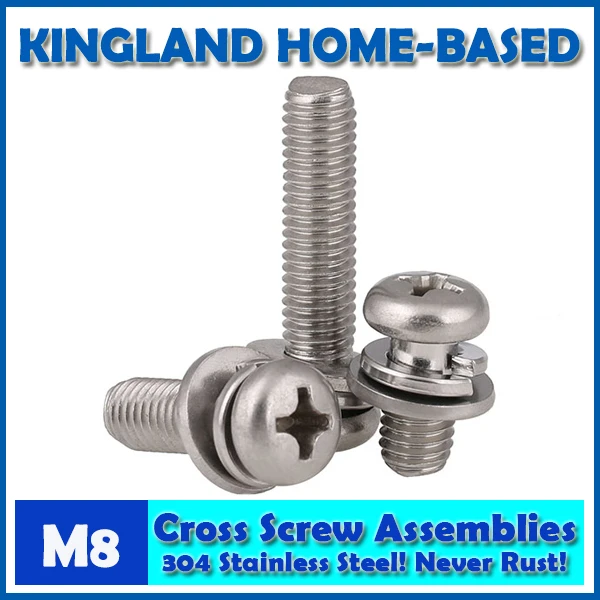 M8 GB9074.8 Phillips Cross Recessed Small Pan Head Screw Plain And Spring Washer Assemblies 304 Stainless Steel Machine Screws |
