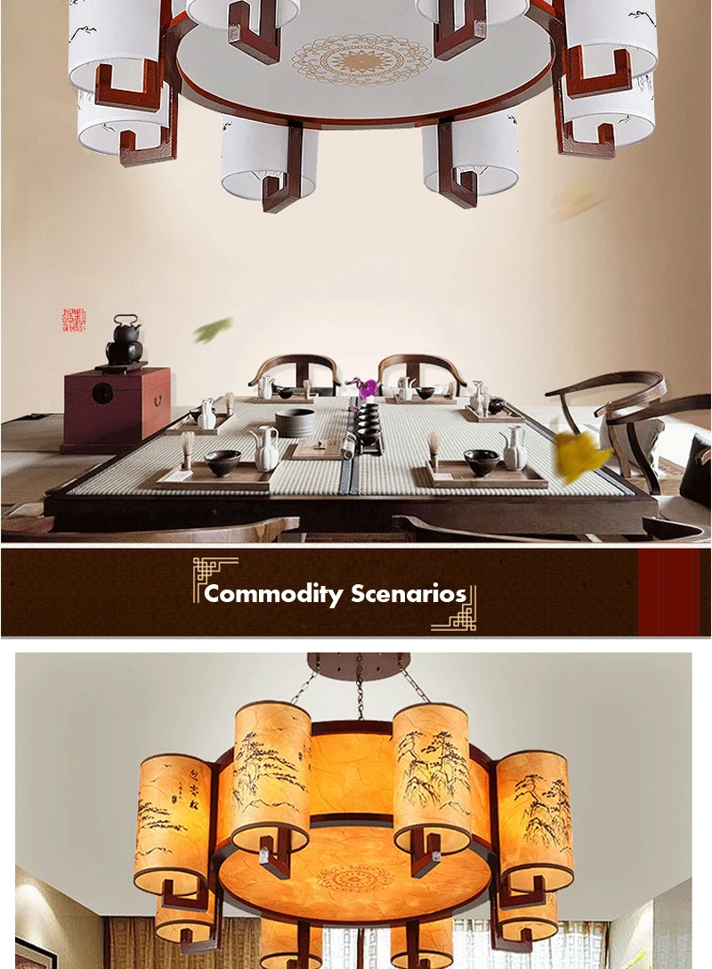 Современная китайская деревянная круглая лампа, антикварная люстра, освещение для гостиной, овчина, для ресторана, кабинета, спальни, Подвесная лампа