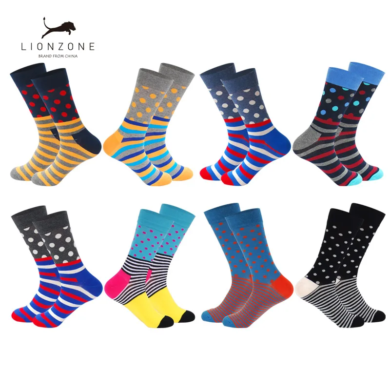 Men Crew Cotton Happy Socks British Style Argyle Dot Striped Pattern