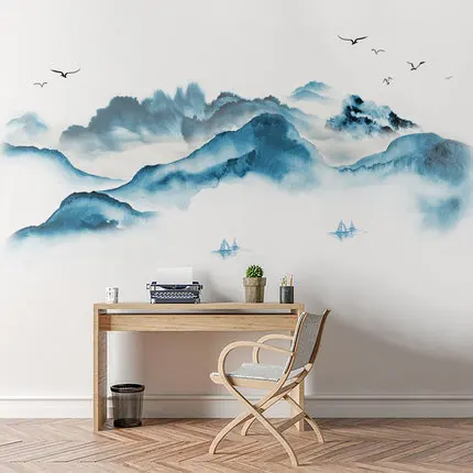 

70*130cm Chinese Style Wash Painting Vintage Poster Vinyl Wall Sticker Landscape Mural Living Room Home Decor Wallpaper