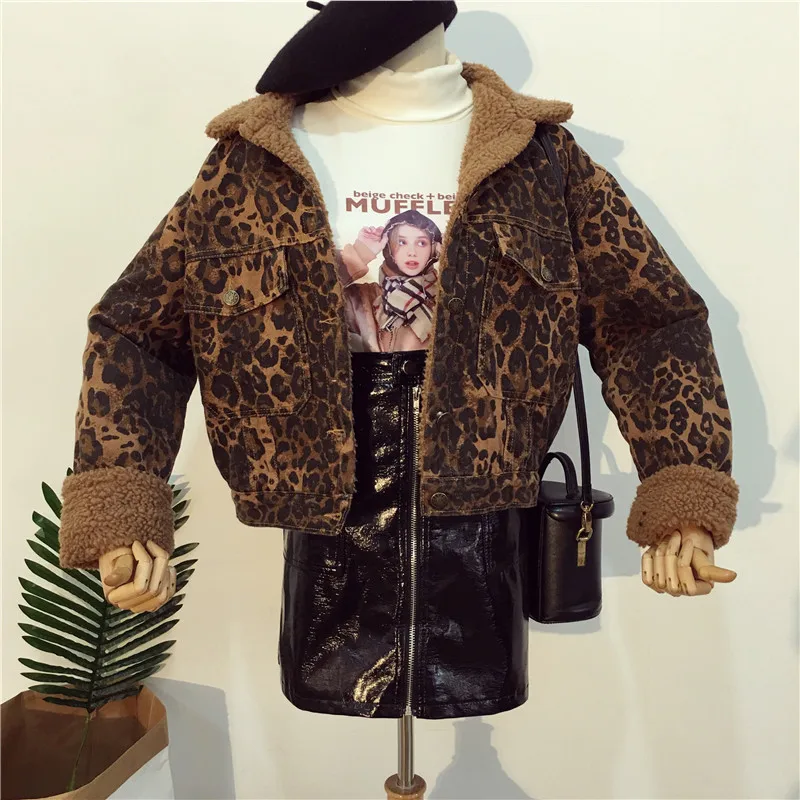 Женские стеганые куртки пальто для осень зима отложной воротник свободные повседневные овечьей шерсти леопардовые джинсовые куртки