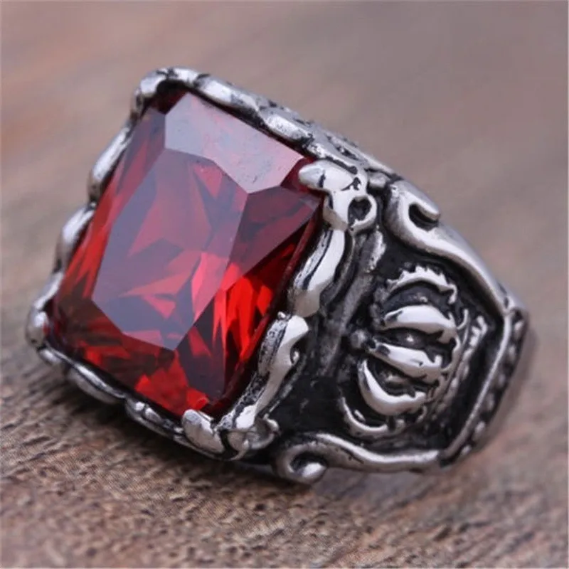 Men's Big Red Stone Gothic Crown Rings Vintage Stytle Square Red