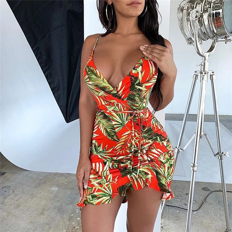 

Women's Tropical leaves Mini Dress Sleeveless Bandage Sexy Elegant Ladies Party Boho Beach Dresses Summer Ruffles Sundress 2019