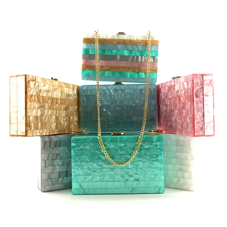

Fashion Lady Striped Stitching Evening Bag High Quality Chic Acrylic Striped Stitching Box Popular Ladies Shoulder Crossbody Bag