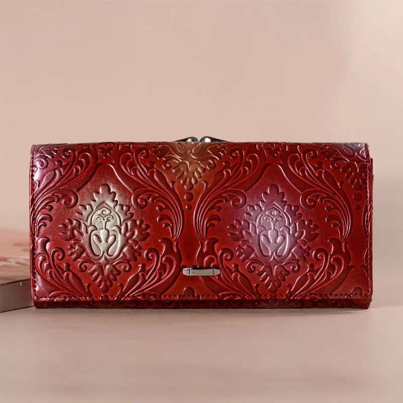 

Cossroll Vintage Genuine Leather Purse New Elegant Female Long Embossing Flower Hasp Wallet for Women