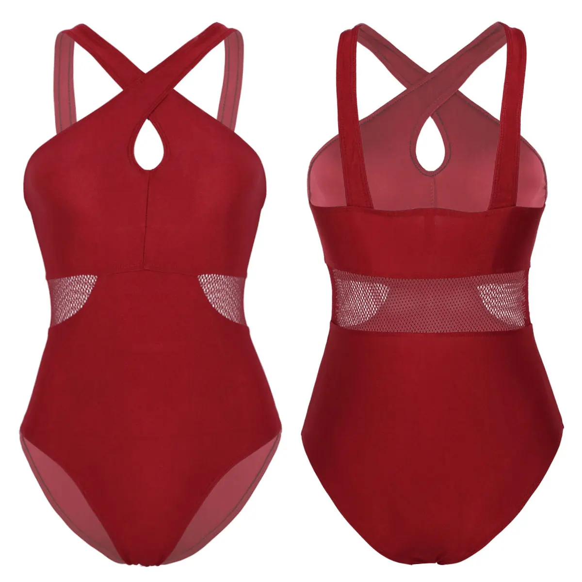 Женский купальник для взрослых с перекрестным вырезом спереди и высокой талией, гимнастическое трико, балетная одежда для выступлений - Цвет: Wine Red