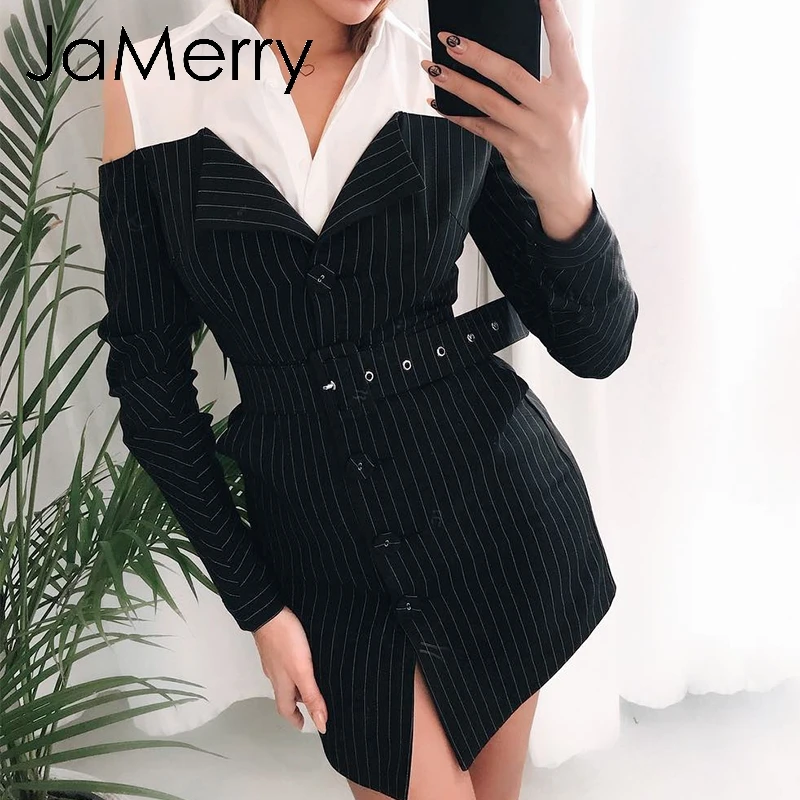 Женское платье-блейзер JaMerry, офисное мини-платье в полоску с открытыми плечами на осень и зиму Женское платье-блейзер JaMerry, офисное мини-платье в полоску с открытыми плечами на осень и зиму