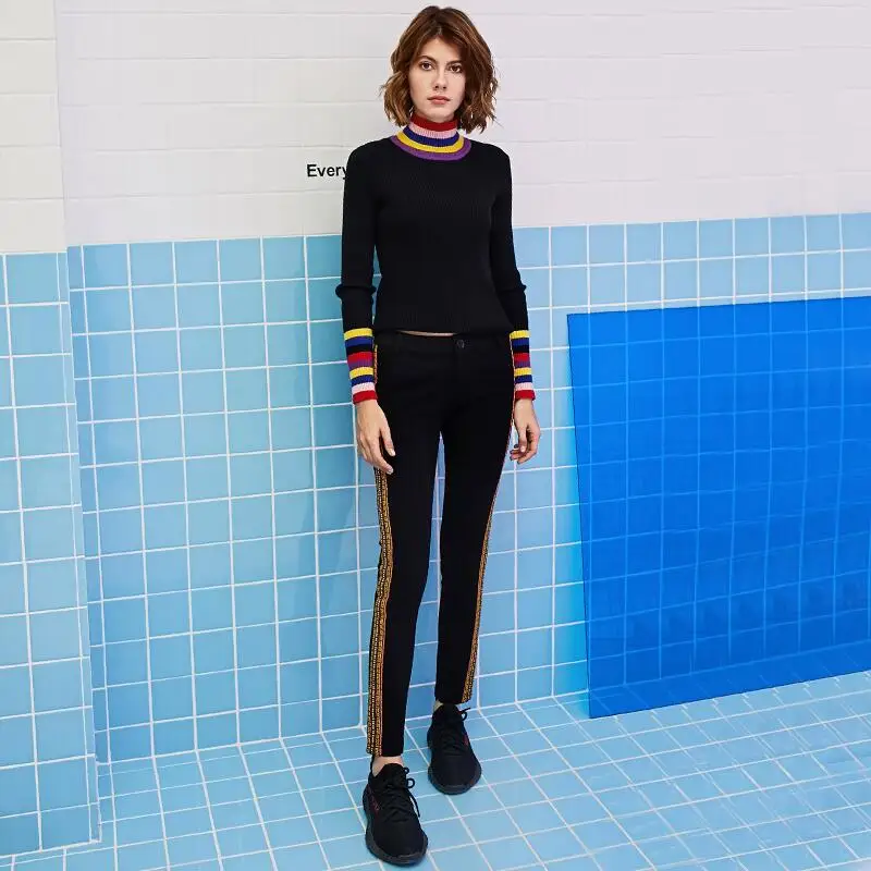 Marque Pantalon Arrivée 2018 Nouvelle Biutefou Skinny Hiver Femmes Crayon Long Rayé Casual Broderie C515q