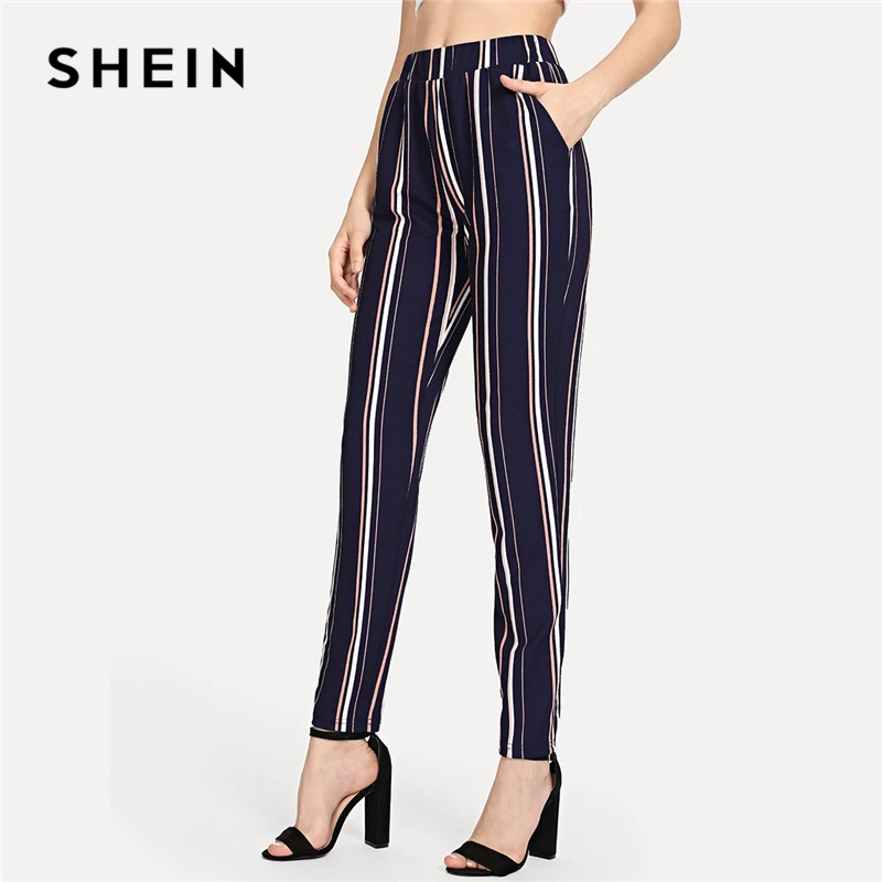 

SHEIN Blue Minimalist Office Lady Elastic Waist Pinstripe Cigarette Highstreet 2018 Autumn Pants Women Workwear Casual Trousers