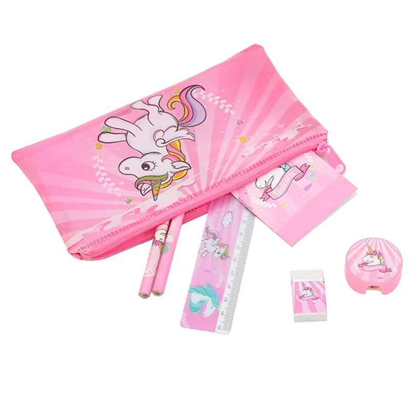 

1Set Cartoon Unicorn Pencil Case For Girls Cute Stationery Set Pen Bag With Ruler Eraser Kids Gift Office School Supplies