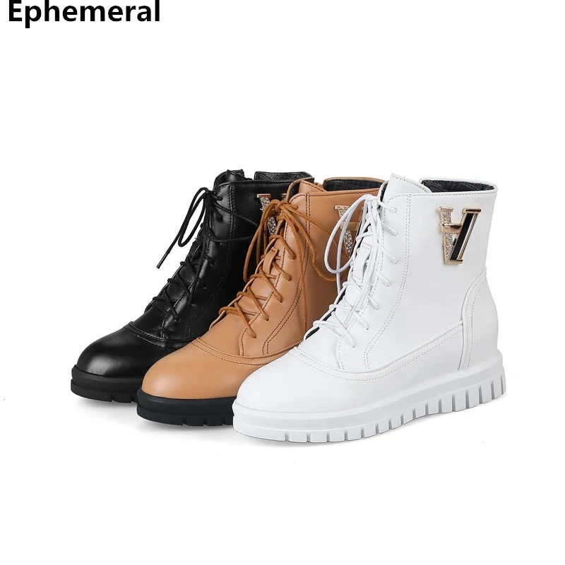 

Ladies lace-up boots riding shoes women wedge heels botas mujer winter fur round toe crystal plus size 43-34 black white yellow