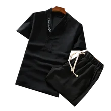 Summer New Men's 2-piece Set, Cotton and Linen Fabrics Men T-shirts and Drawstring Shorts, Loose Embroidery Male Sets S-5XL