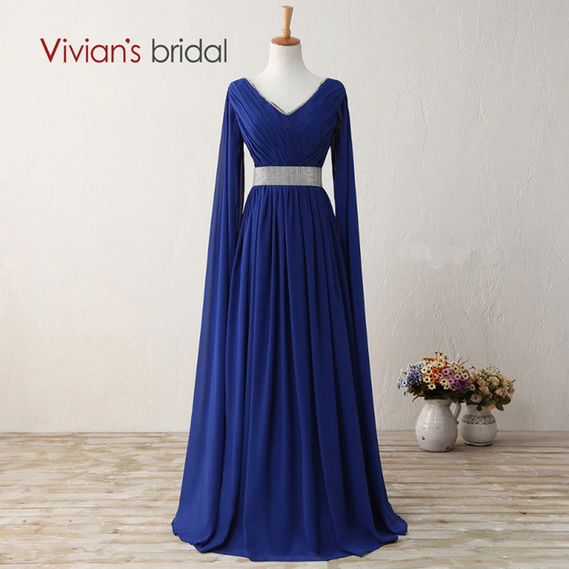 

Vivian's Bridal kaftan A Line Muslim Evening Gown V Neck Long Sleeves Chiffon Beading Waist Evening Dresses E2101