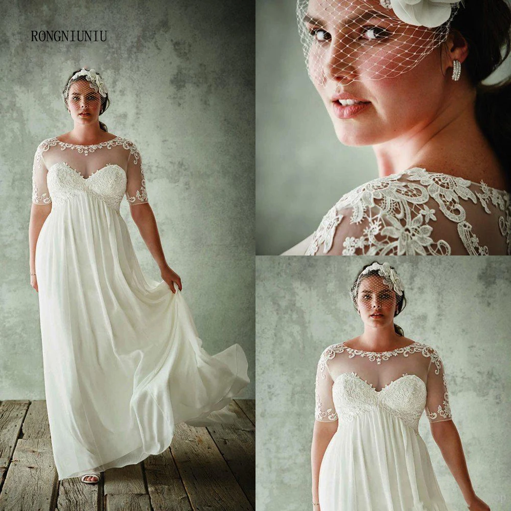 

Plus Size Wedding Dress 2019 Chiffon Boho Lace Appliques Beach Bridal Empire Dress Short Sleeves Cheap High quality Lace Up
