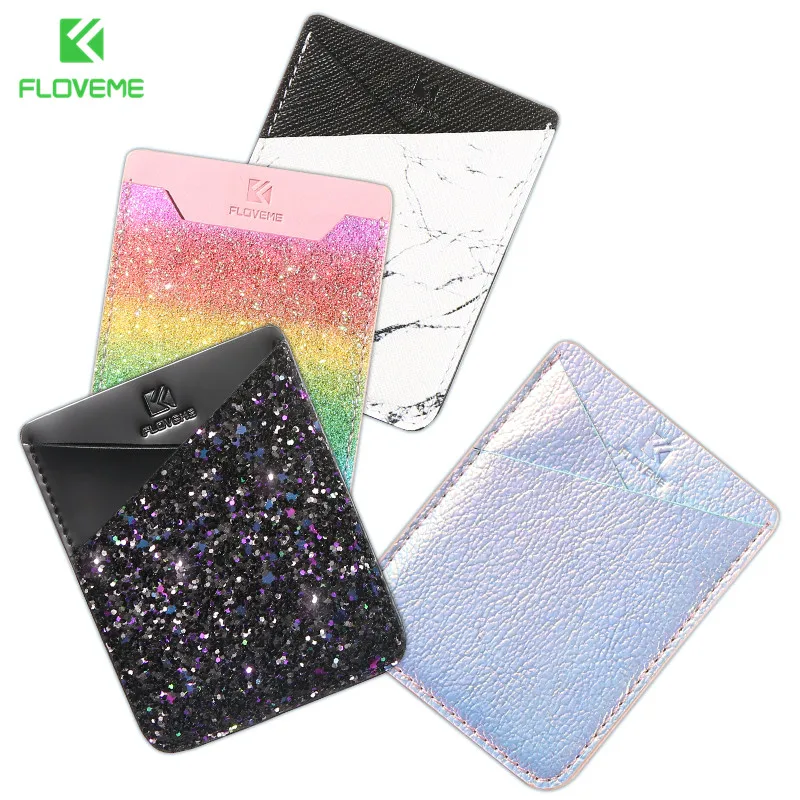 

FLOVEME 2018 Card Case Bag For Samsung Galaxy S9 Plus Colorful Bling Leather Cover For iPhone 5 5s SE 6 6s 8 Plus Adhesive Pouch
