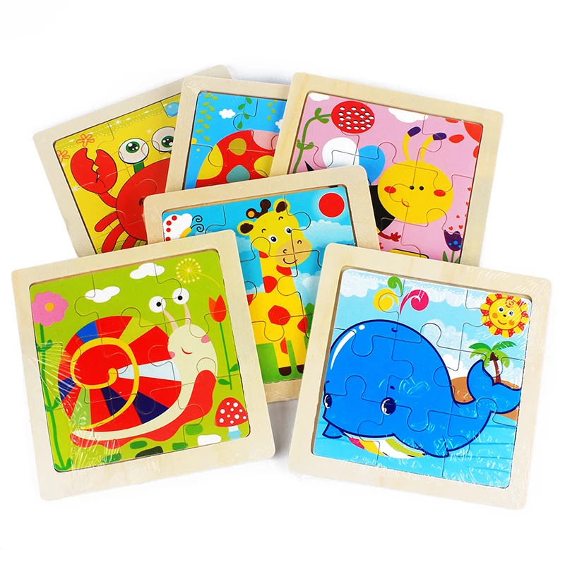 Kids Toy Wood Puzzle Small Size 11*11cm Wooden 3D Puzzle Jigsaw for Children Baby Cartoon Animal/Traffic Puzzles Educational Toy