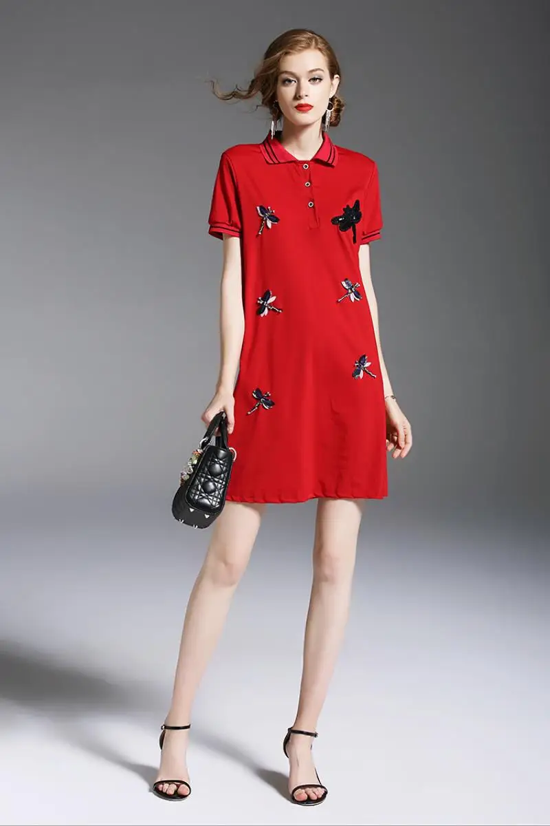New Arrival 2018 Brand Clothing Summer Short Sleeved T-shirt Dress Women Embroidery Beading Casual White POLO Shirt Dress S-XXL