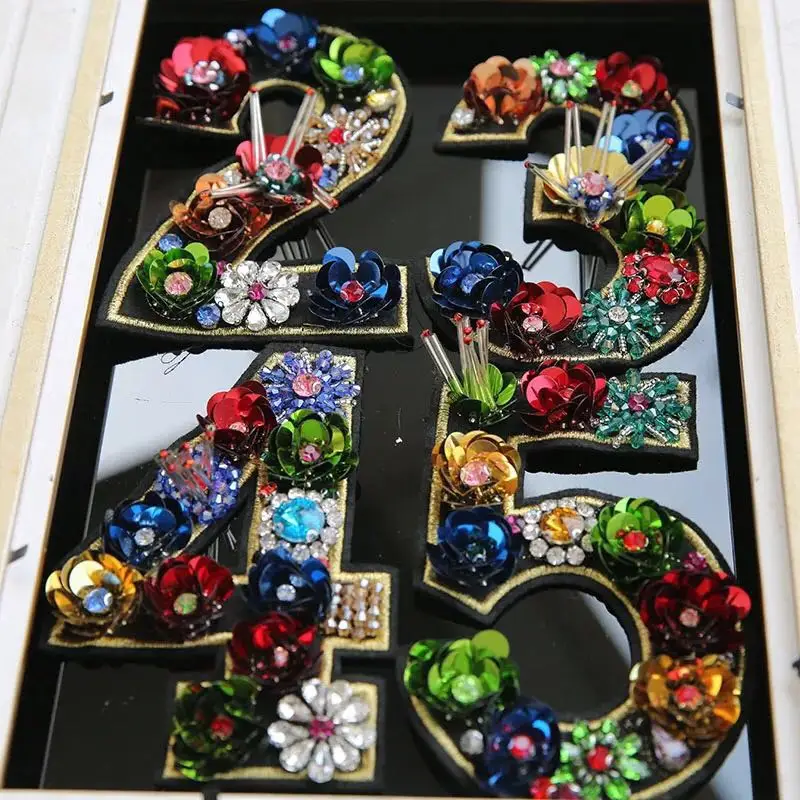 

0-9 colorful digital patterned Glitter nail bead patch cloth pasted with oversized Arabic numerals patches female jeans applique