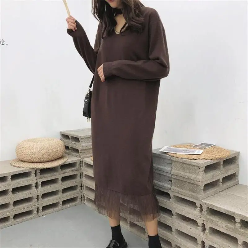women's clothing 2019 new arrival women spring autumn v-neck long style mesh knitted sweater dresses ladies sweaters dress | Женская