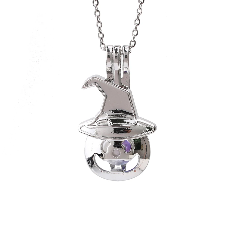 

1pc Halloween Pumpkin Head Hat Oyster Pearl Cage Lockets Necklace with 20'' Stainless Steel Chain Essential Oil Diffuser
