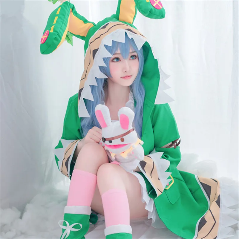 

Anime Date a Live Yoshino Cosplay Costume S-XL Green Hoody with Rabbit Ears Jacket White Skirt Blue Curly Wig