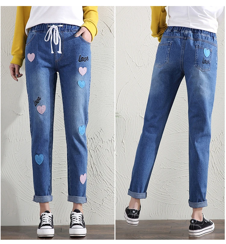 Эластичные облегающие джинсовые брюки-карандаш с высокой талией, вышивкой в стиле пэчворк, милой Лолиты для женщин и девушек, большие размеры, джинсы Kawaii