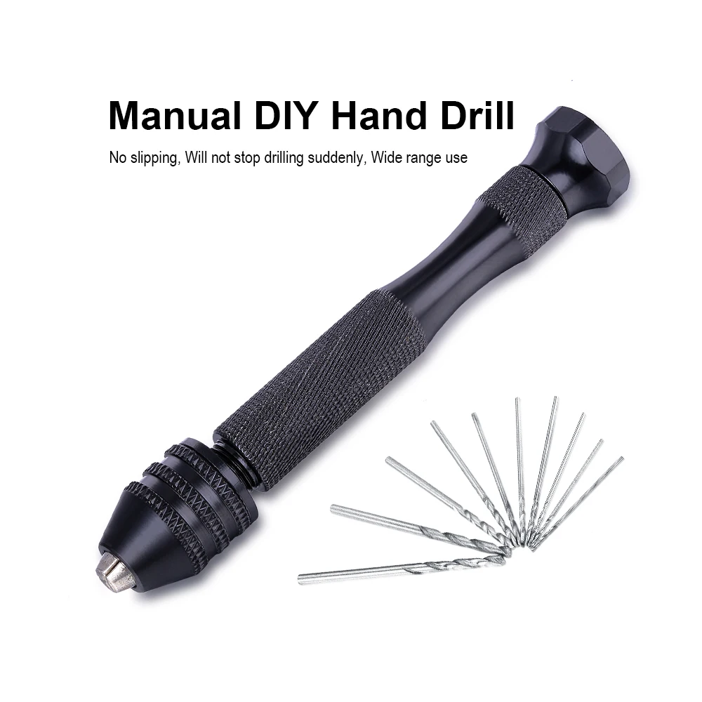 JelBo 10Pcs/Set Twist Drill Bits+Mini Micro Aluminum Alloy Hand Drill with Keyless Chuck Woodworking Drilling Rotary Tools Set