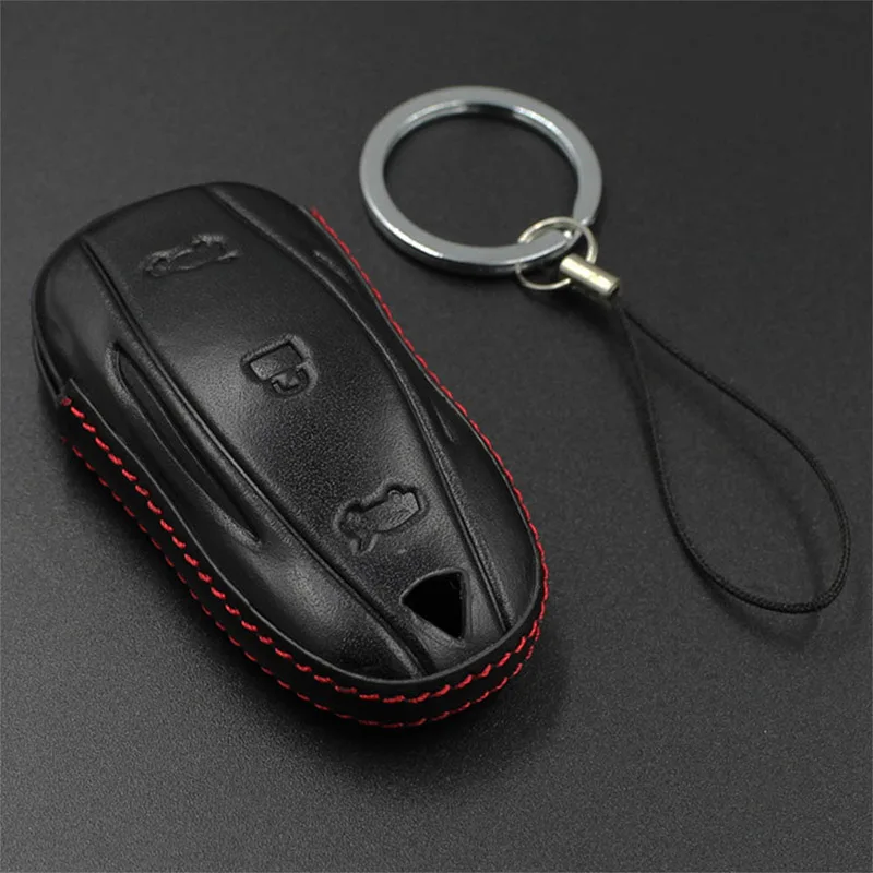 Прочный черный красный из натуральной кожи автомобильный защитный чехол для ключа полный защитный брелок для Tesla модель X S легко определить ваш ключ