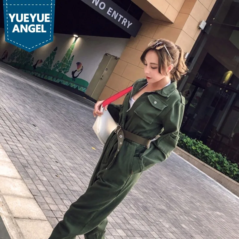 

Women Denim Jumpsuit Green Long Sleeve Overalls Vintage Casual Sashes Slim Ankle-Length Jeans Jumpsuit Ladies Fashion Rompers