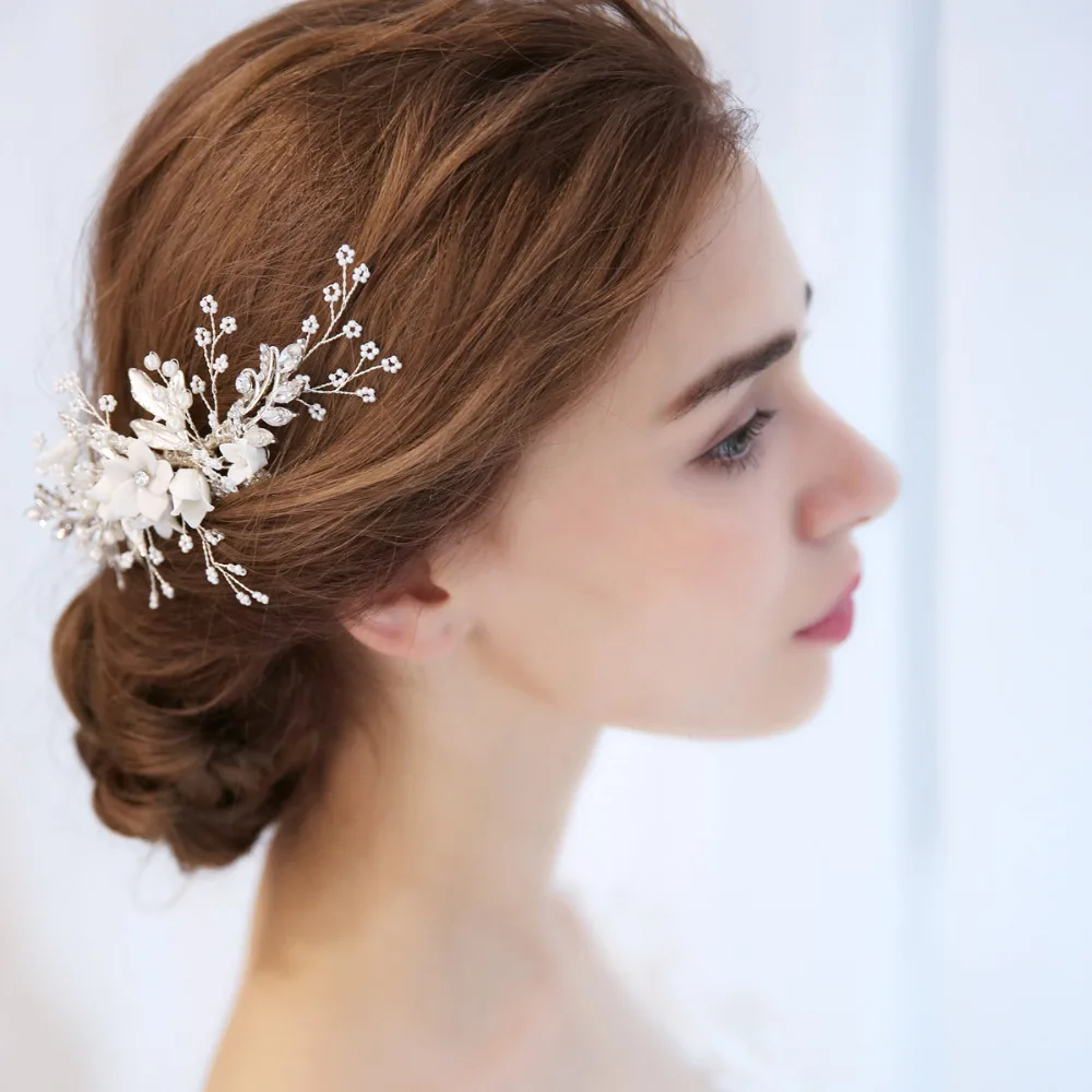 Crystal And Rhinestone Bridal Hair Comb Ceramic Floral Wedding Headpiece 2018 Handmade Hair Accessories For Brides (7)