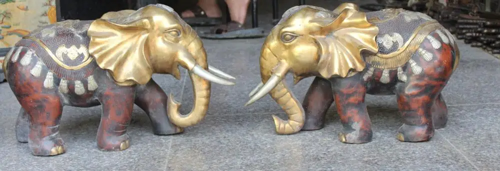 

28"Chinese Bronze Gilt Silver Animal Auspicious Safety Elephant Heffalump Pair