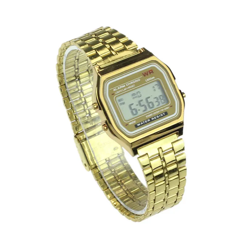 

Business Golden Gold Watch Coperation Vintage Womens Men Dress watch Stainless Steel Digital Alarm Stopwatch Wrist Watch A15