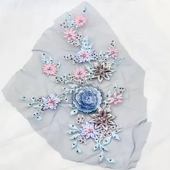 

Heavy bead lace applique,3D lace bridal sticker with rhinestones 3d floral for Wedding Full dress,Blue Hand sewing patch 5Pieces