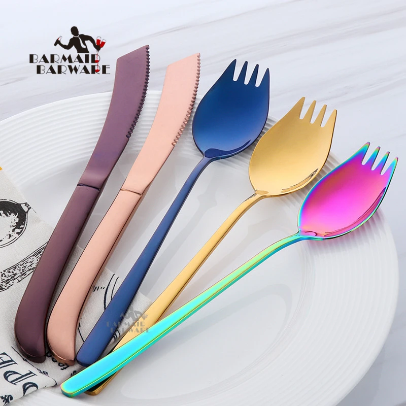 

1 Set Spoon & Fork Stainless Steel Colourful Spoons Korea Dark Black Soup Spoon Long Handle Gold Spoon Set