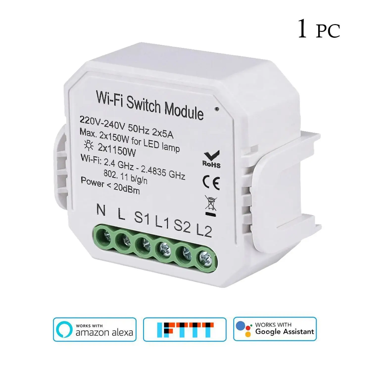 Wifi light switch 2 way 2 gang controller 10A 2300W Smart Switch Module timer control Compatible Alexa Google IFTTT smart life - Цвет: White 1pc