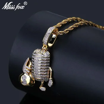 

MISSFOX Hip Hop Cartoon Microphone $ Paintings Bottle Necklaces Pendants 24K Gold Plated Cubic Zirconia Rock Iced Out Pendant