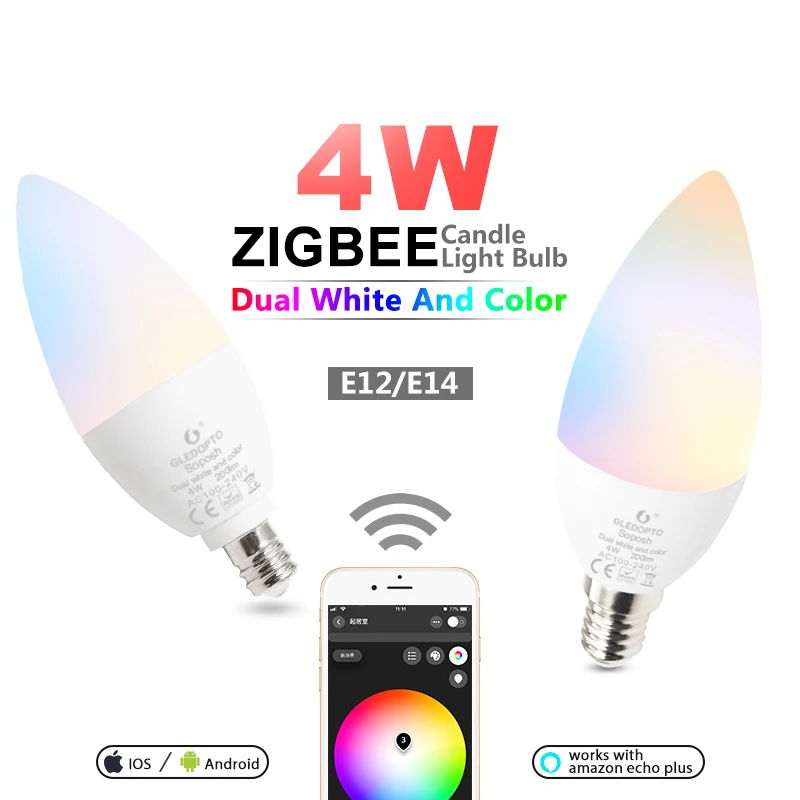 

ZIGBEE LED Bulb E14 E12 4W RGBCCT Candle Light ZLL Smart APP Control Link AC 110V 220V 230V LED Lamp Work with Amazon Echo Plus