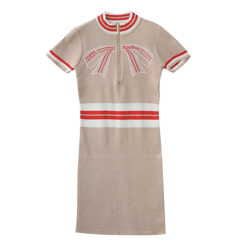 

PERHAPS U apricot pink black patchwork bow zipper knitted stand collar short sleeve mini dress summer D1177