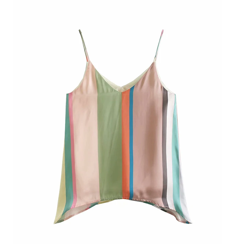 

Summer Women Sling Tops Satin Women Striped V-Neck Short Camis Vintage Sexy Wrapped Chest Female Shirts