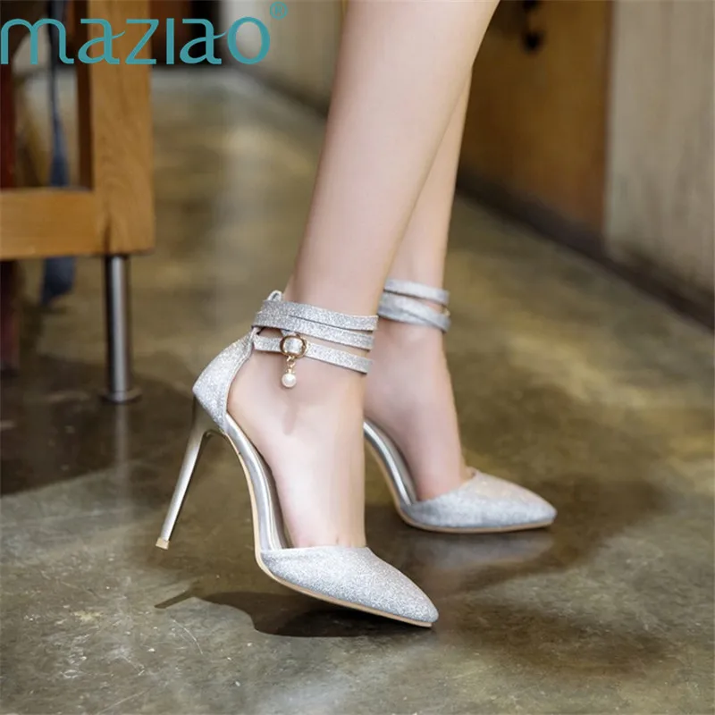 

Shoe Pointed Toe Fine Heel Belt Buckle Rubber Super High Heel Red Silver Gold Party Wedding Female Shoe Plus Size MAZIAO
